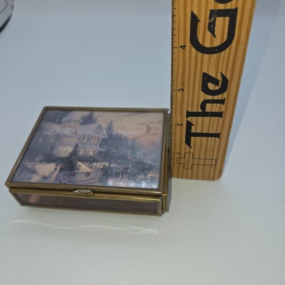 Thomas Kinkade Via Vermont Glass Jewelry Box With Mirror Lid Featuring Winter Sc - Picture 8 of 9